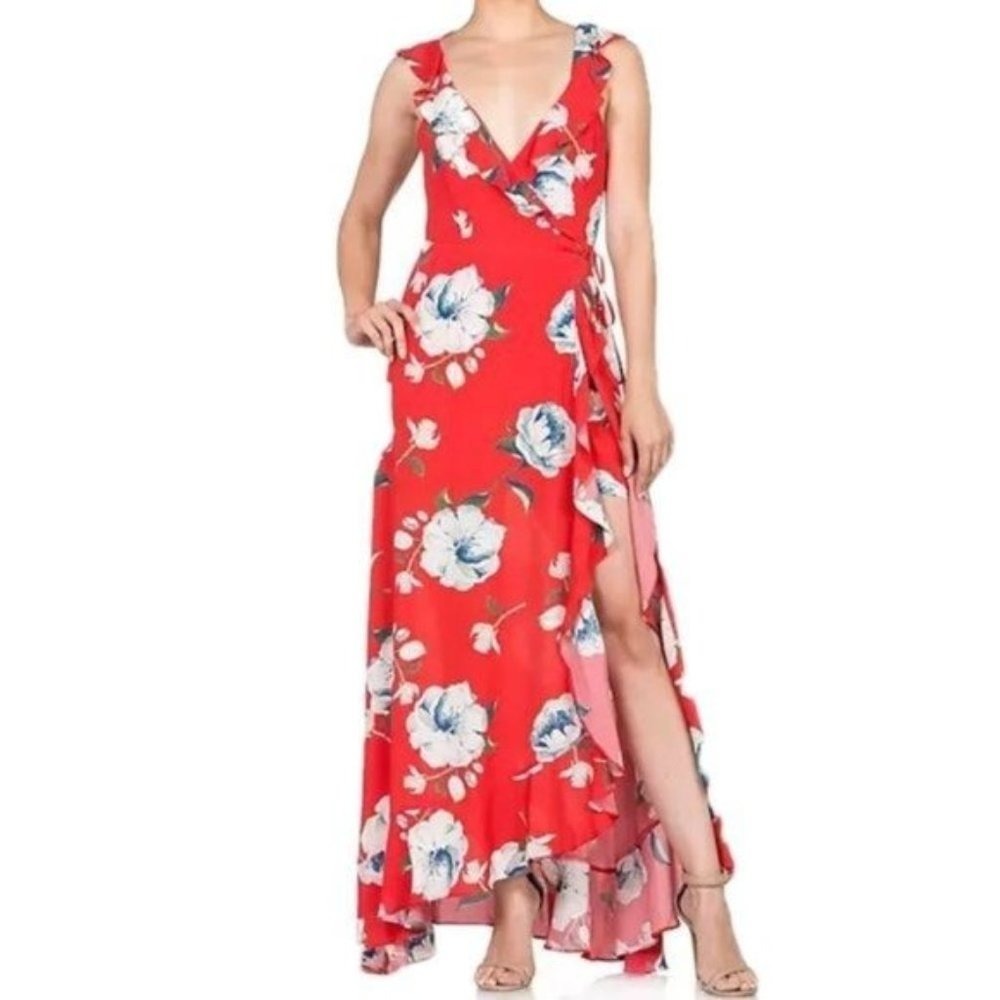 Miss Me Printed Maxi Dress With Slit Red Floral M Crossover V-neck Sleeveless